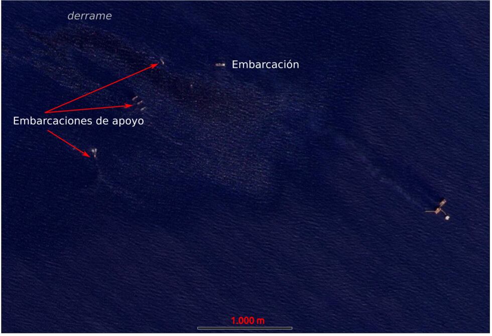 Imágenes satelitales muestran señales de derrame desde febrero Imagen satelital: Cerulean / SkyTruth y organizaciones civiles