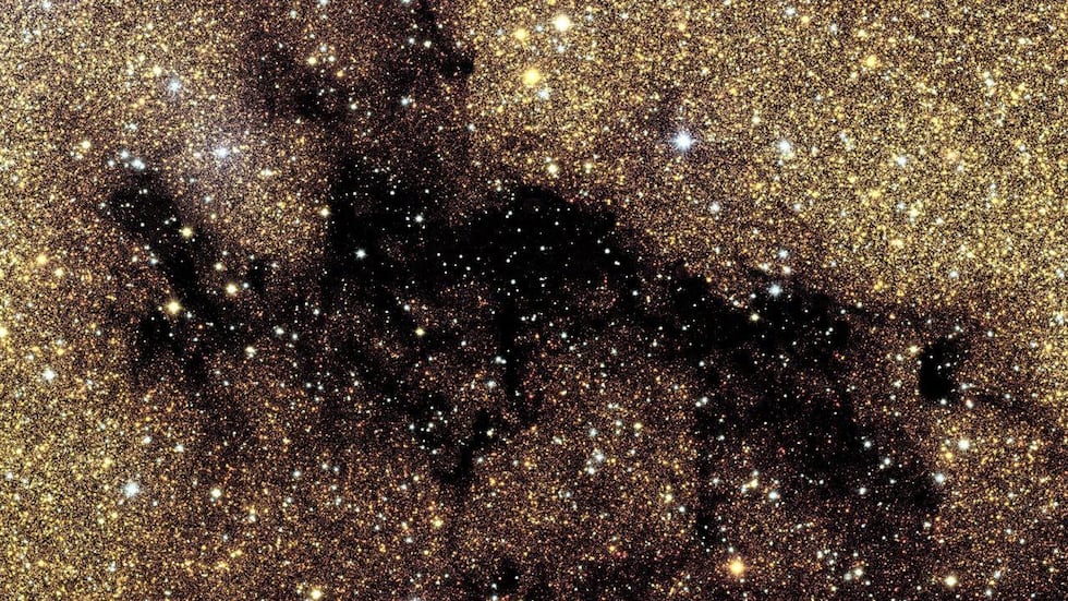 Esta imagen tomada por Euclid muestra una densa nube molecular que oculta la luz del bulbo galáctico (en amarillo).